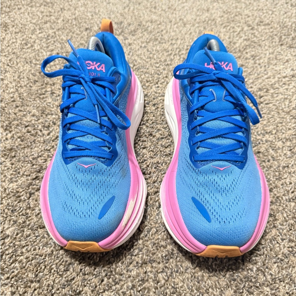 HOKA bondi 8 Women's Blue Running Shoes with Pink Accent - Picture 3 of 10